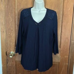 Dalia Women’s Navy Shirt with Sheer Top Back 3/4 Sleeves Size XL